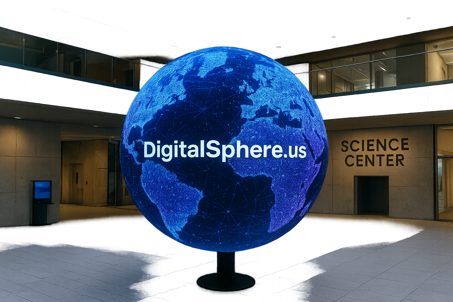 Digital sphere display installed in a modern science center with DigitalSphere.us branding