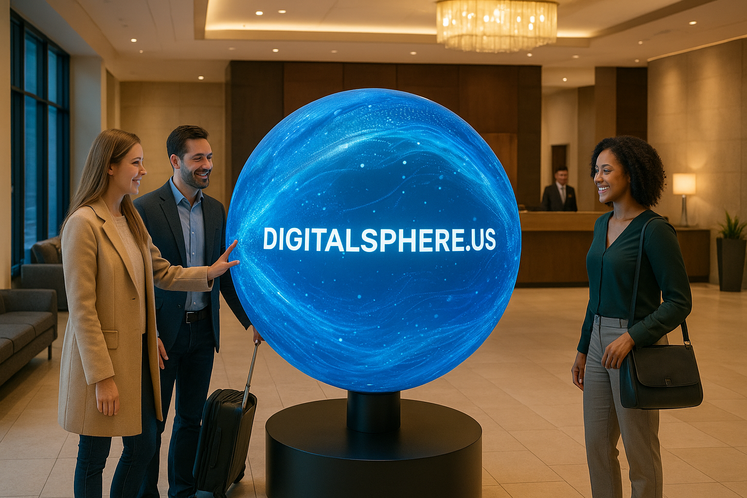 Digital sphere display in modern hotel lobby with guests interacting, showcasing immersive technology and branded with DigitalSphere.us