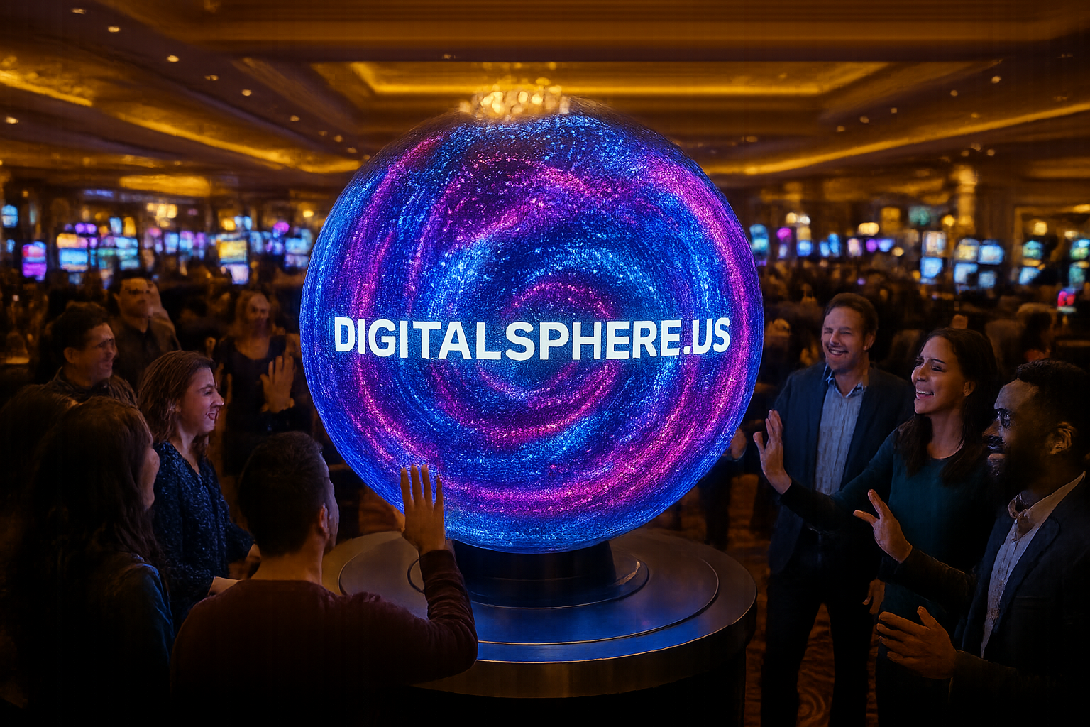 Digital sphere with vibrant LED display installed at a premium casino, crowd gathered around interacting with the sphere, 'DigitalSphere.us' logo subtly present.