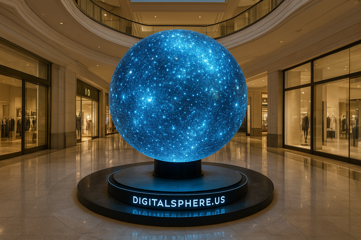 Highly detailed digital sphere installation in a luxury shopping mall with DigitalSphere.us branding.
