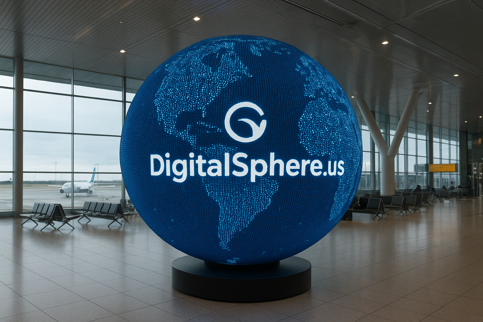 Photorealistic LED digital sphere installed in a modern airport terminal with DigitalSphere.us branding