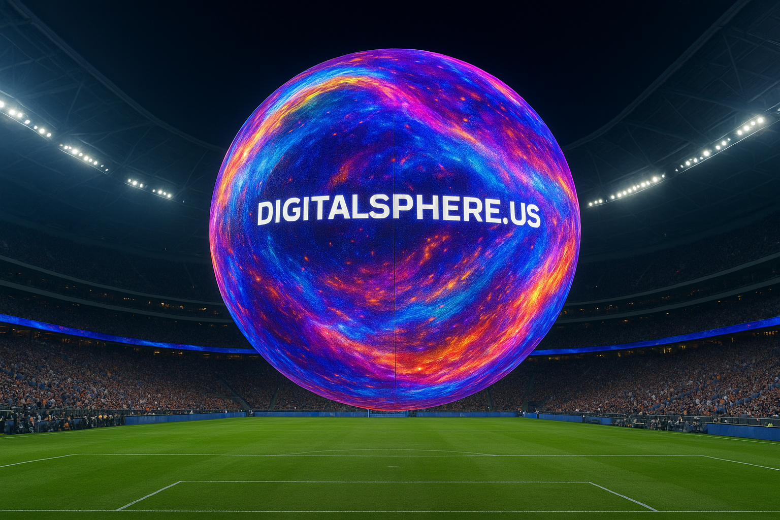 A stunning digital LED sphere installed in a modern stadium, captivating fans with immersive visuals, DigitalSphere.us branding visible.