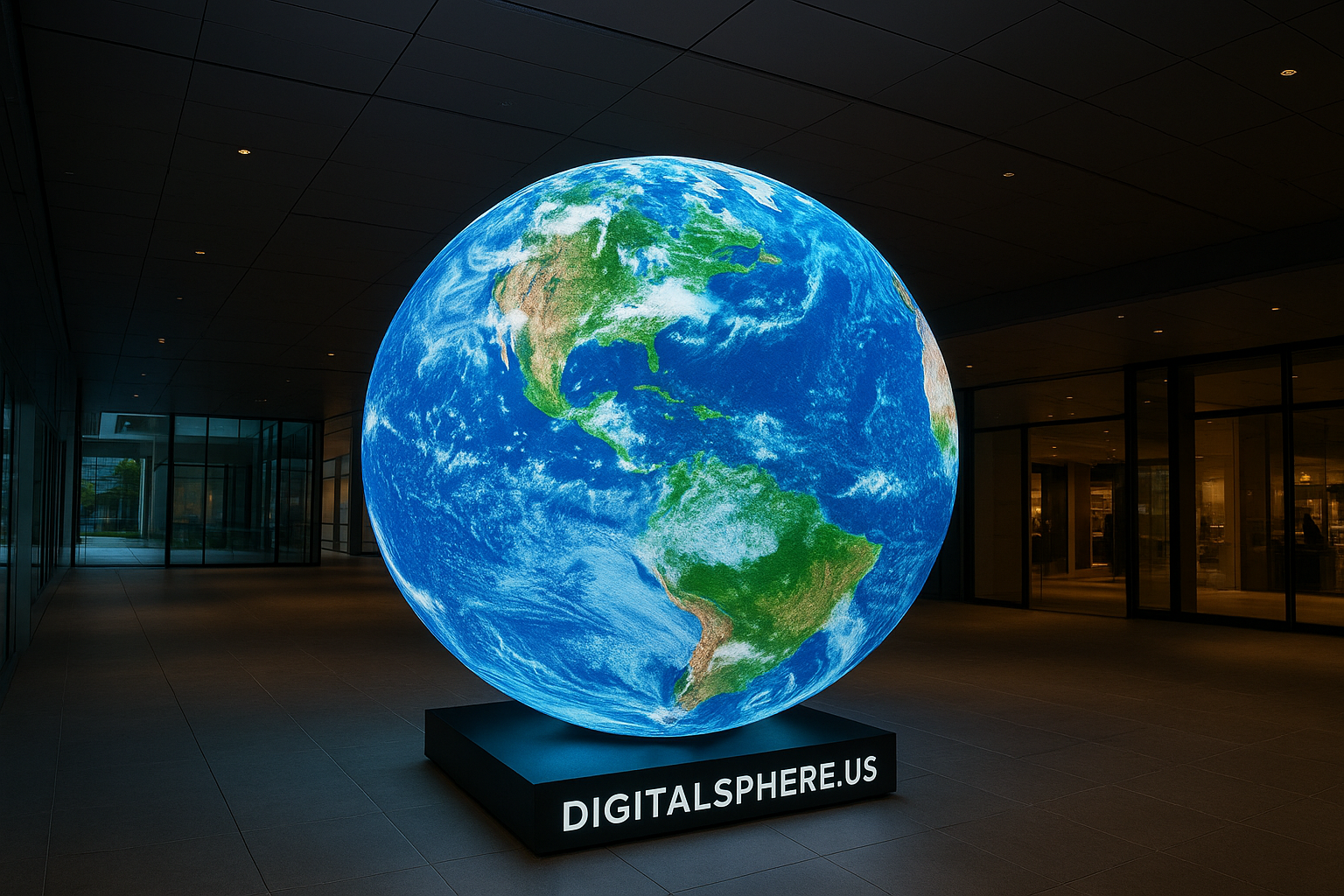 A commercial space showcasing an ultra-realistic large-scale LED sphere installation by DigitalSphere.us