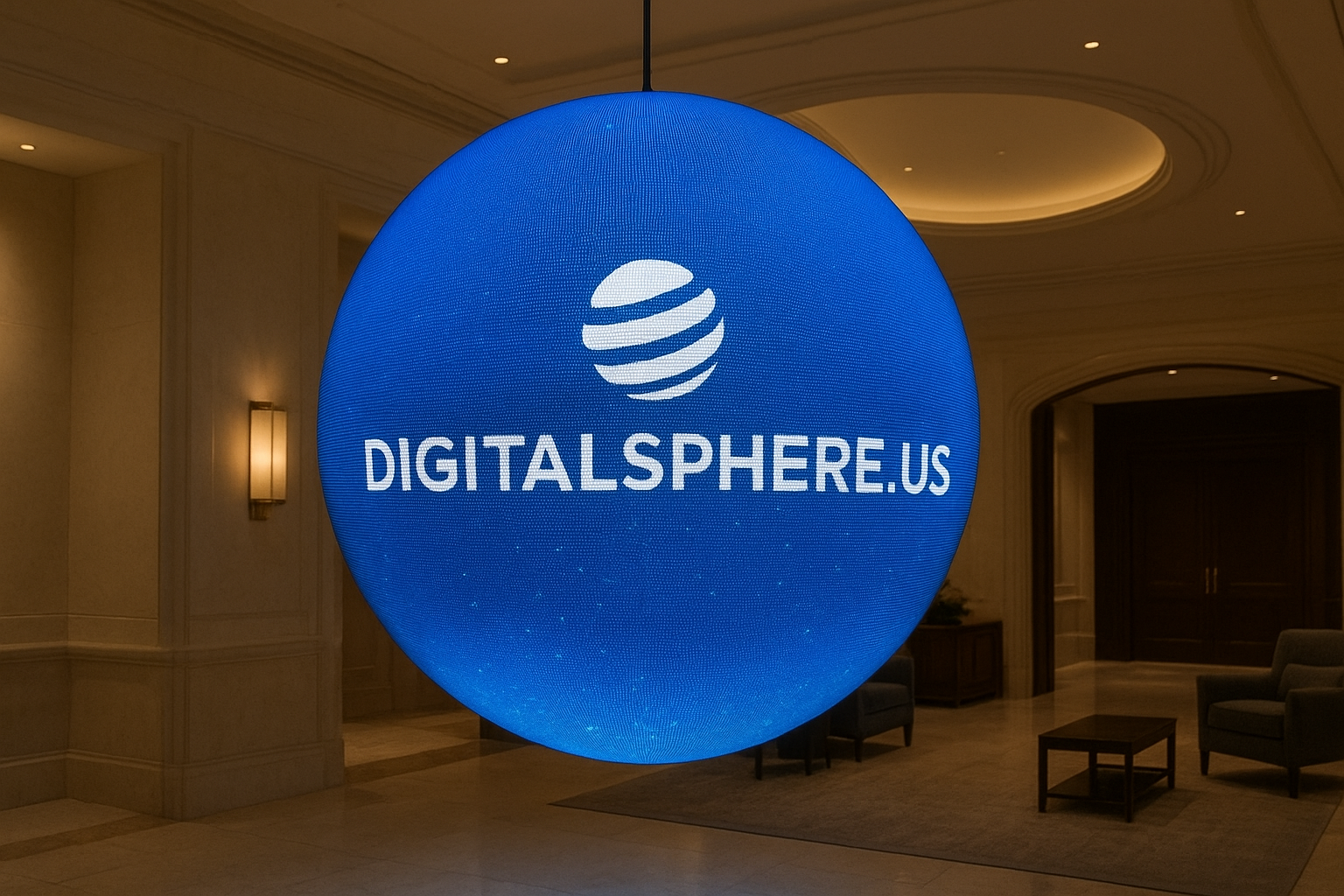 Commercial installation of fine pitch LED sphere display with DigitalSphere.us branding in a premium environment