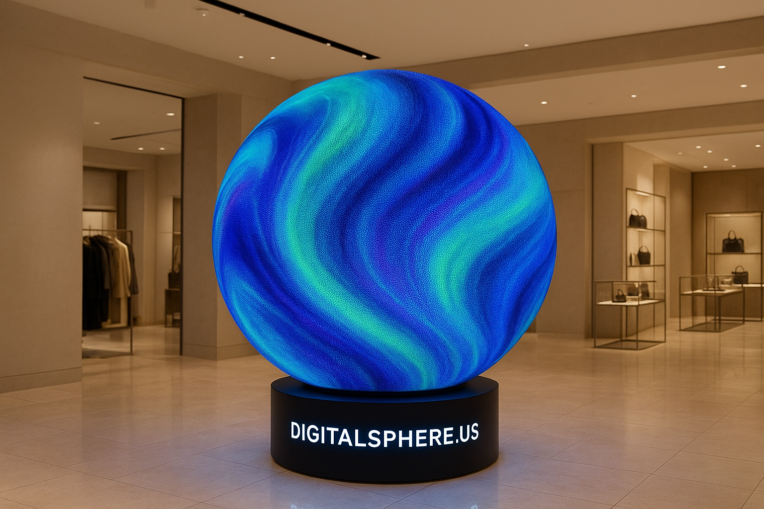 Premium LED sphere display installation in an upscale retail environment by DigitalSphere.us