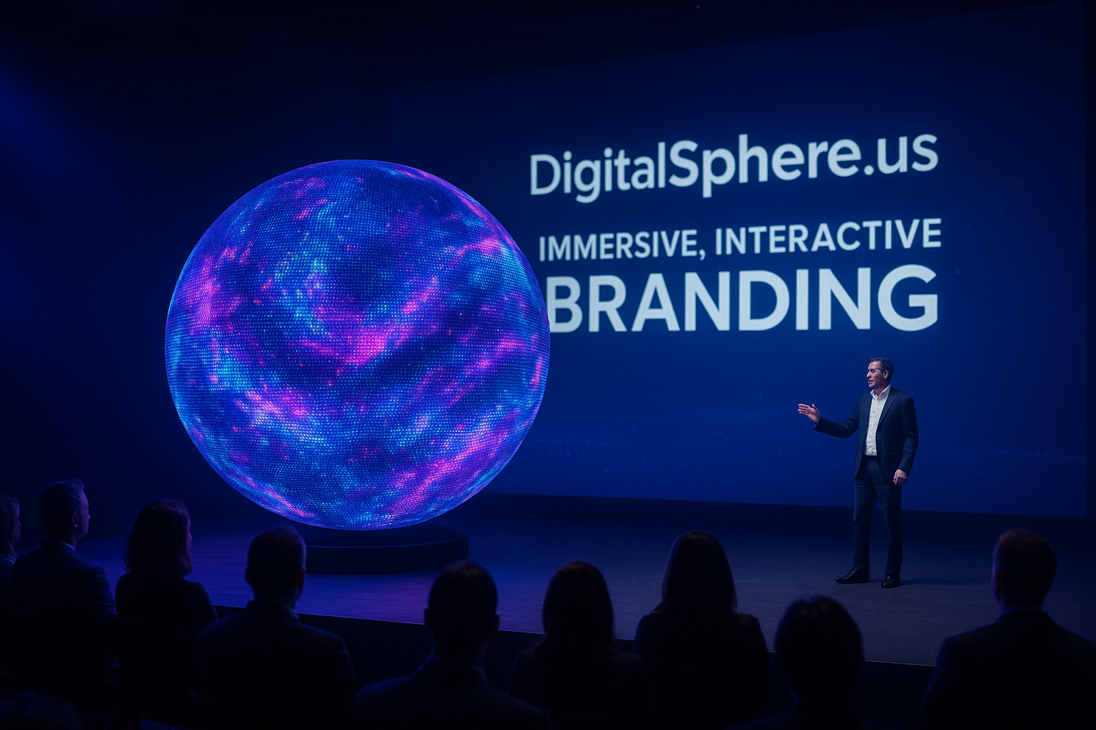 LED Sphere display at a product launch event showcasing immersive, interactive branding by DigitalSphere.us