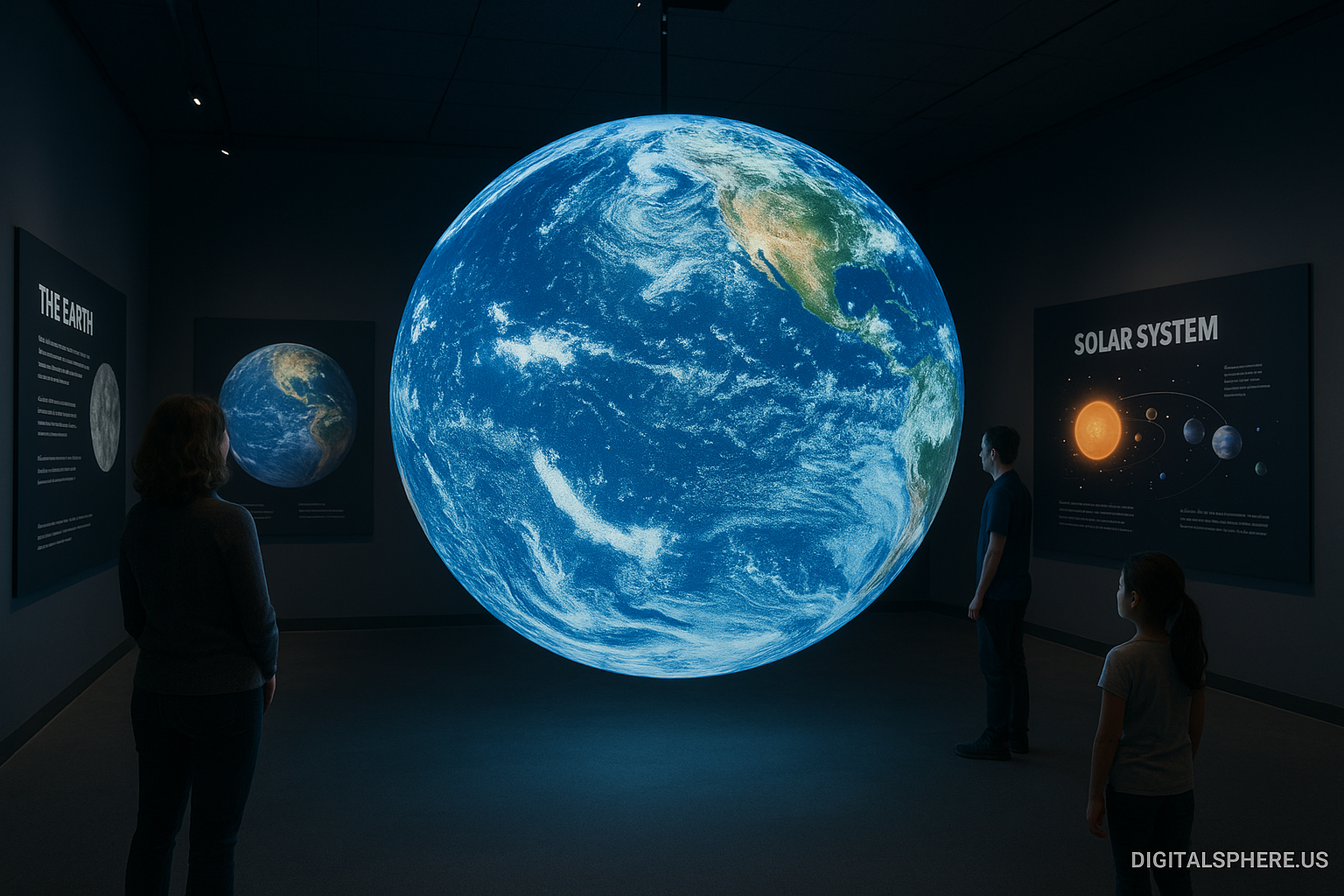 Commercial LED Sphere Display for Museums by DigitalSphere.us showcasing immersive educational content in a modern exhibit.