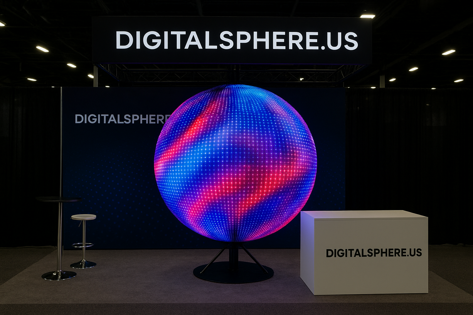 LED sphere display in a trade show booth by DigitalSphere.us