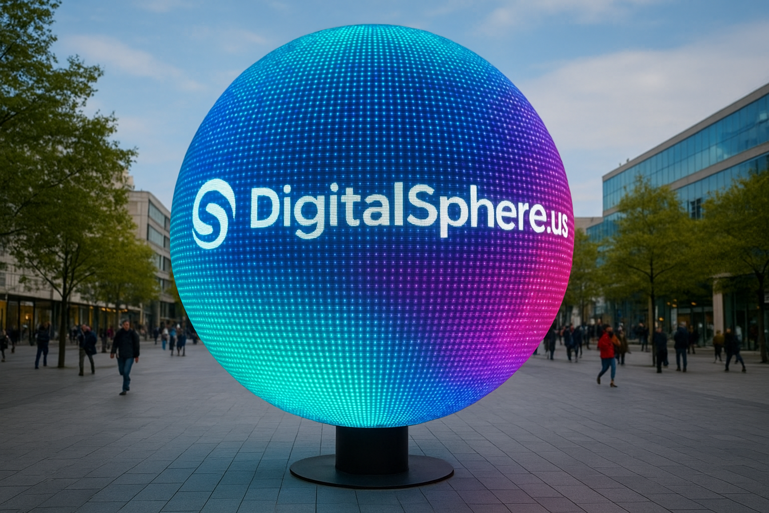 LED sphere display in a public space with DigitalSphere.us branding