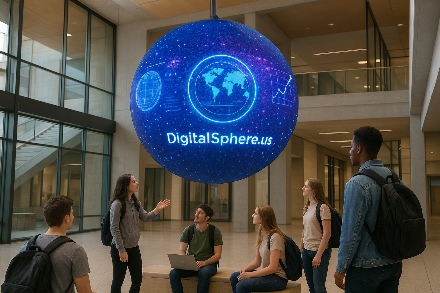 A photorealistic LED sphere display in a modern educational campus atrium, engaging students with interactive content, DigitalSphere.us branding visible.