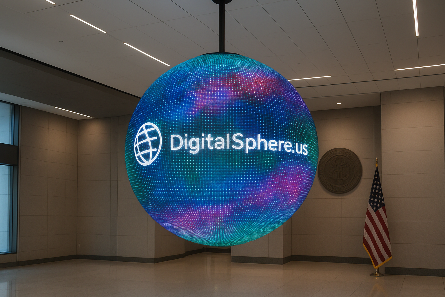 LED sphere display installed in a modern government facility with DigitalSphere.us branding
