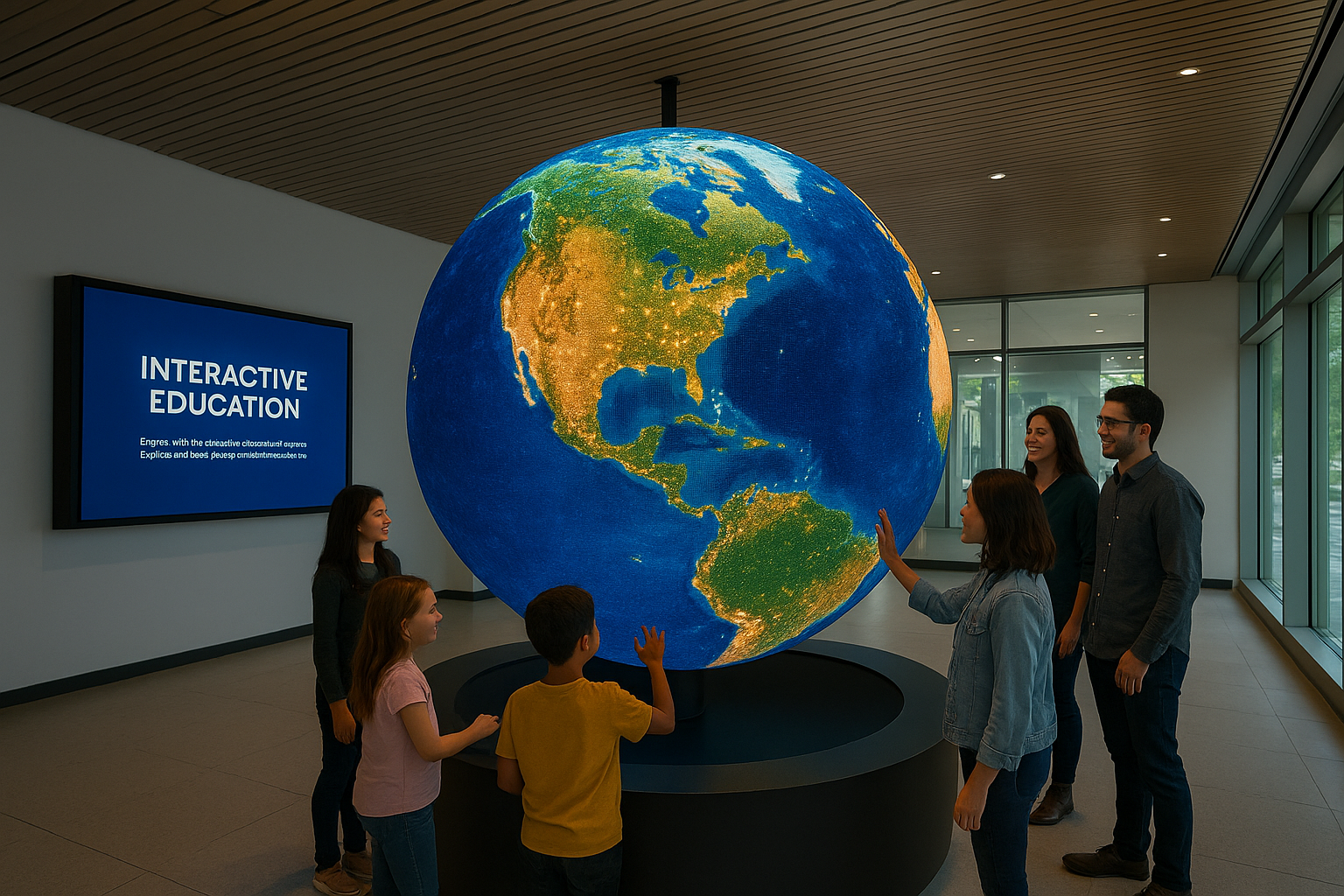 LED Sphere Display at modern visitor center by DigitalSphere.us, engaging guests with interactive educational content