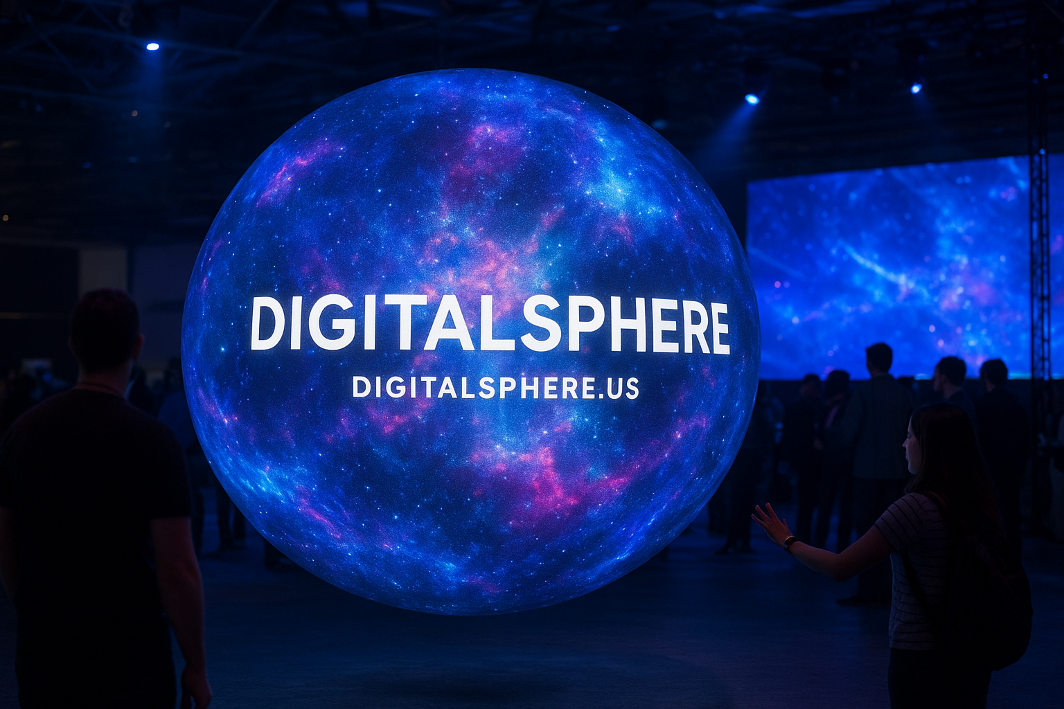 Commercial digital sphere rental installation by DigitalSphere.us at an interactive technology event with immersive content display.