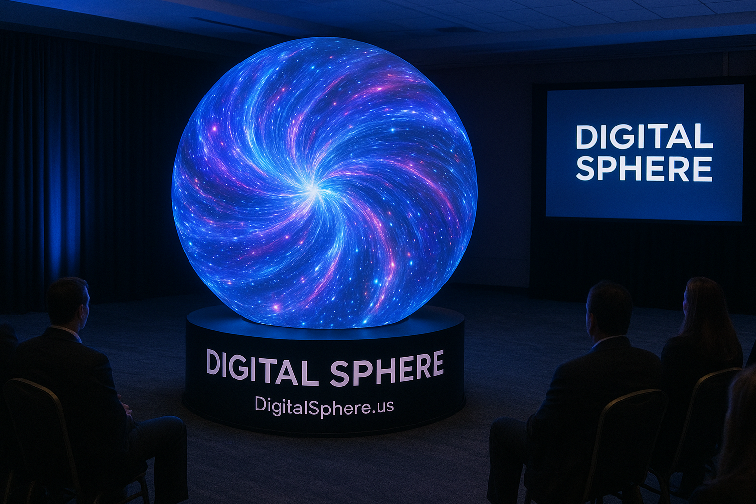 Digital sphere rental display at a corporate event showcasing immersive visual content with DigitalSphere.us branding