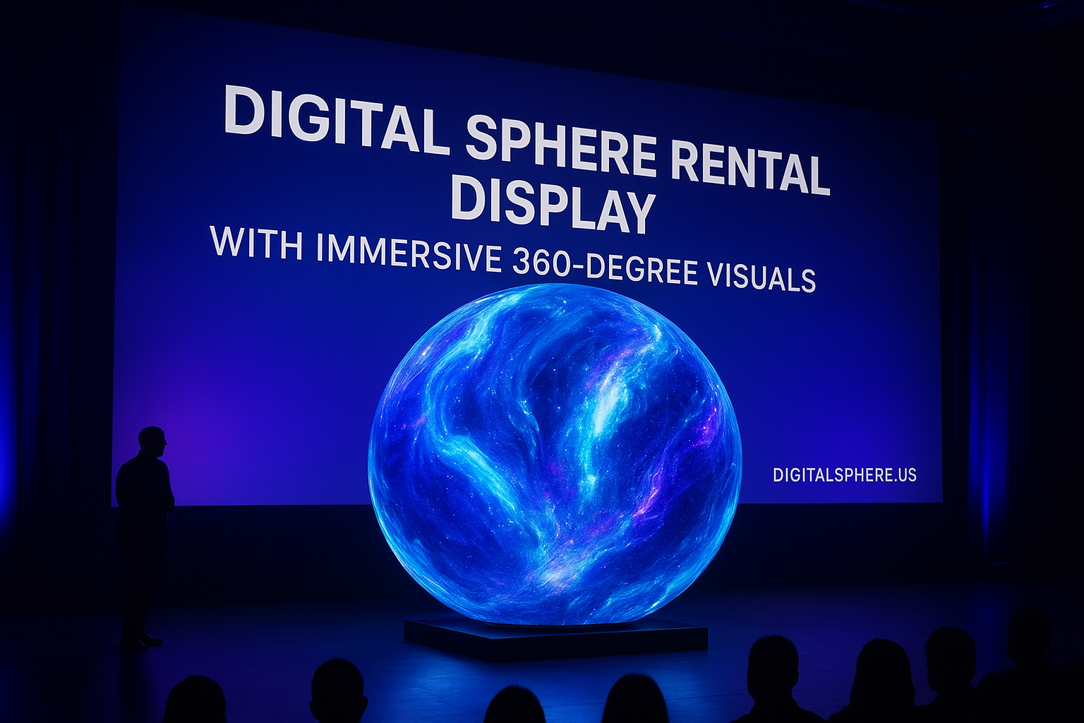Digital sphere rental display at a product launch event with immersive 360-degree visuals by DigitalSphere.us