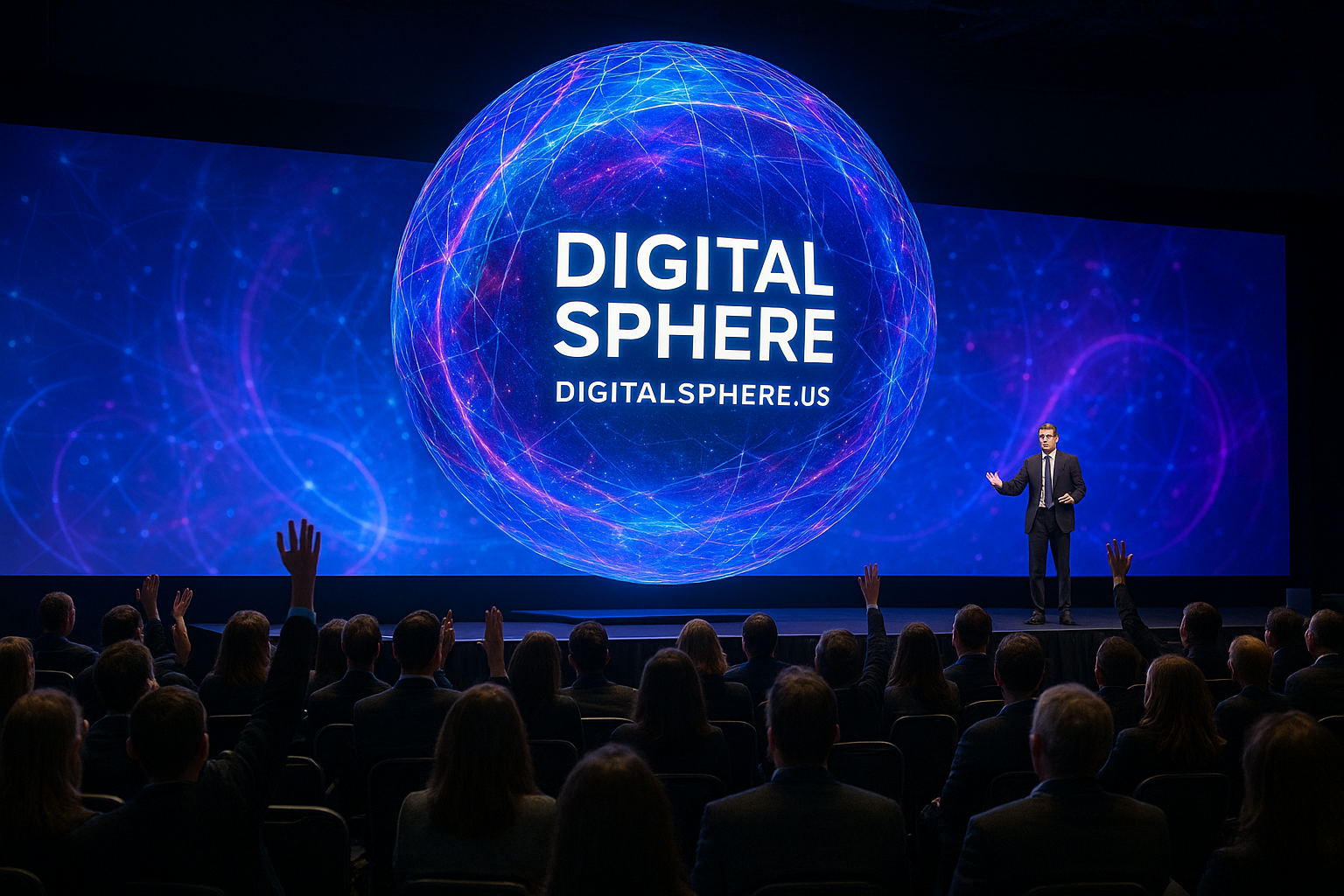 Digital sphere rental display at a conference showing interactive LED visuals and audience engagement by DigitalSphere.us.