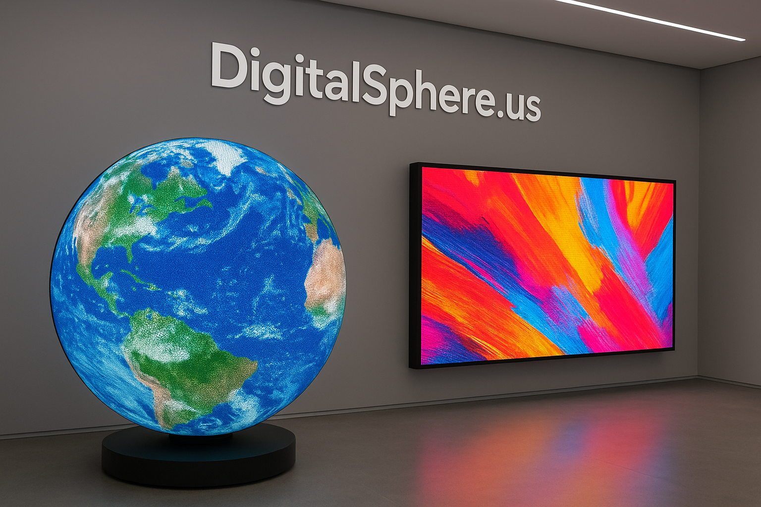 Digital sphere display and traditional LED display side by side in a modern space with DigitalSphere.us branding