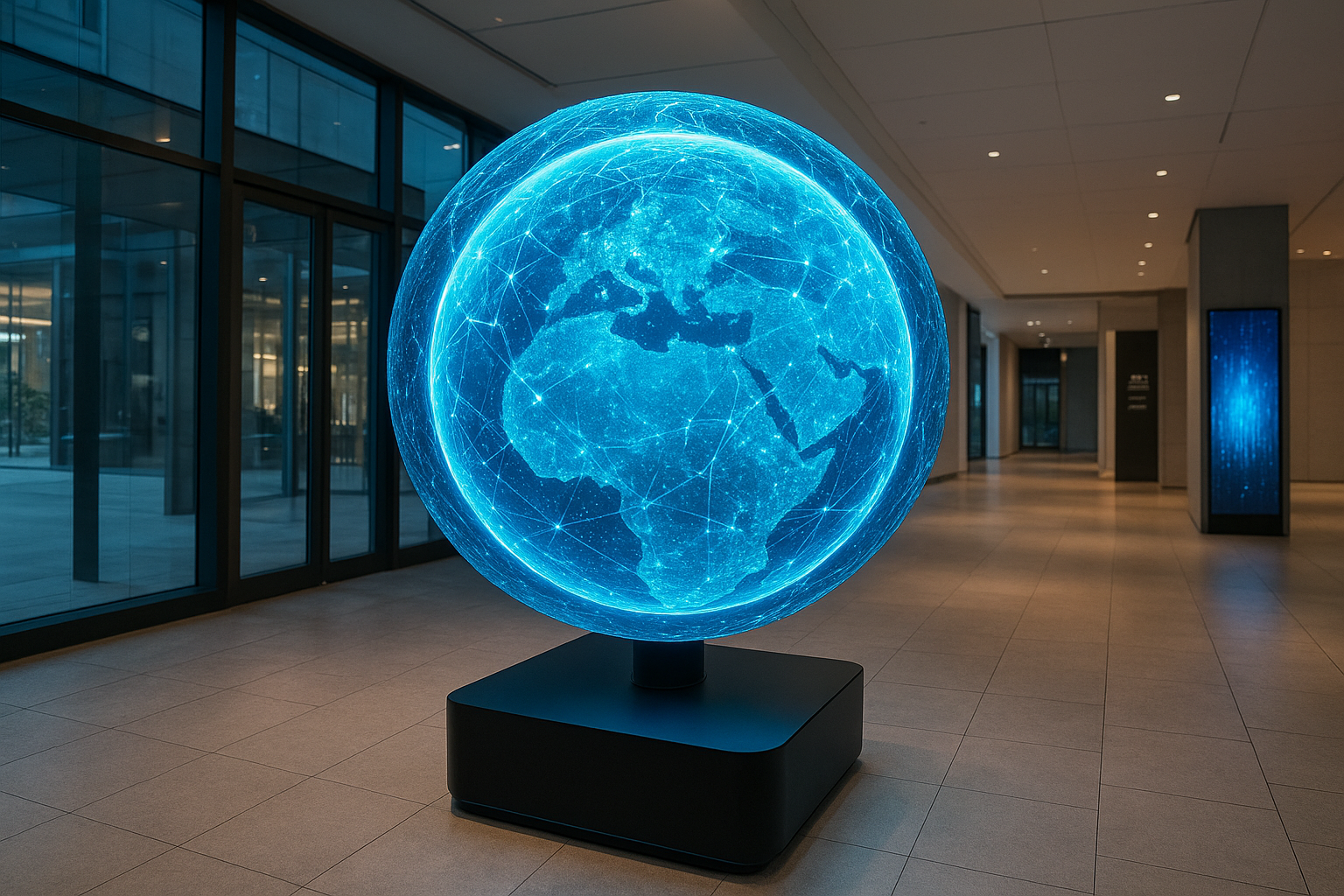 Interactive digital sphere display in a modern commercial environment by DigitalSphere.us