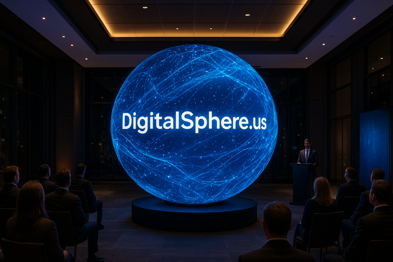 A digital sphere display at a corporate event with DigitalSphere.us branding in a modern, upscale venue