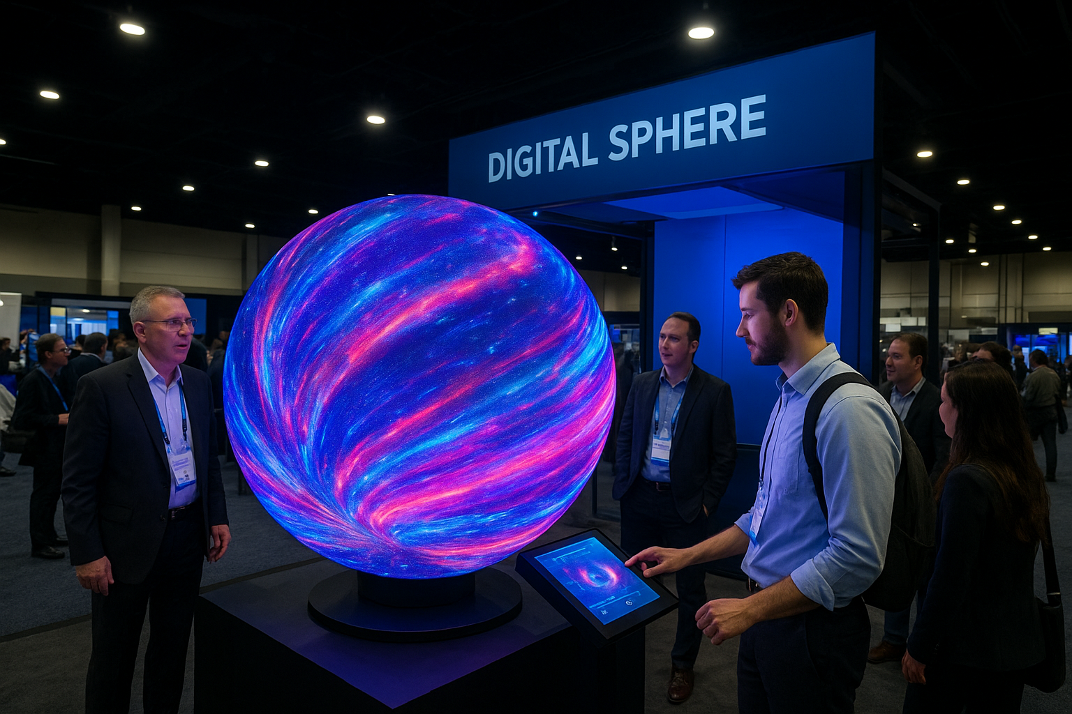 Digital Sphere display at a trade show booth, captivating attendees with vibrant LED visuals and interactive technology