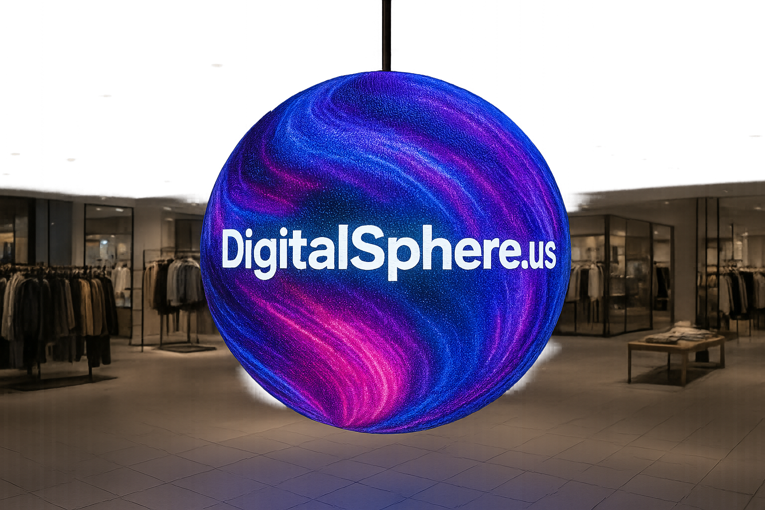 Digital sphere LED display in modern retail environment with DigitalSphere.us branding