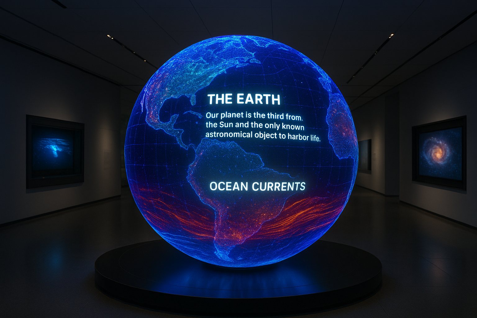 A stunning LED digital sphere in a modern museum environment, displaying immersive educational content
