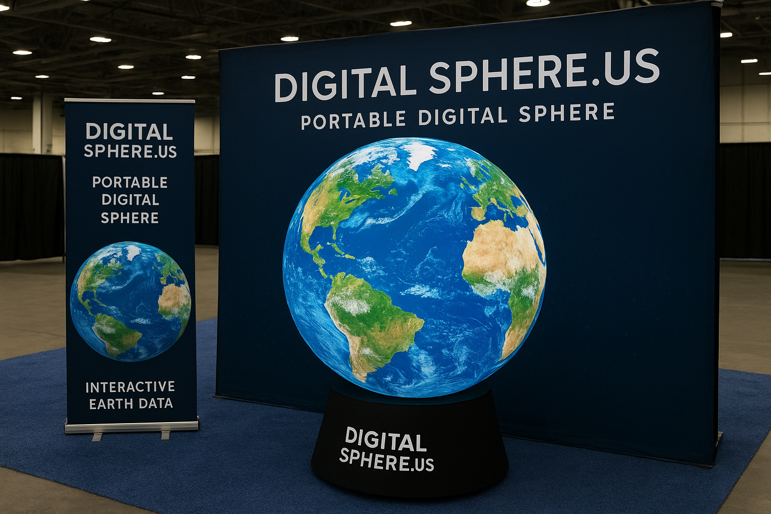 Portable digital sphere rental set up at a trade show, displaying interactive Earth data with branding from DigitalSphere.us