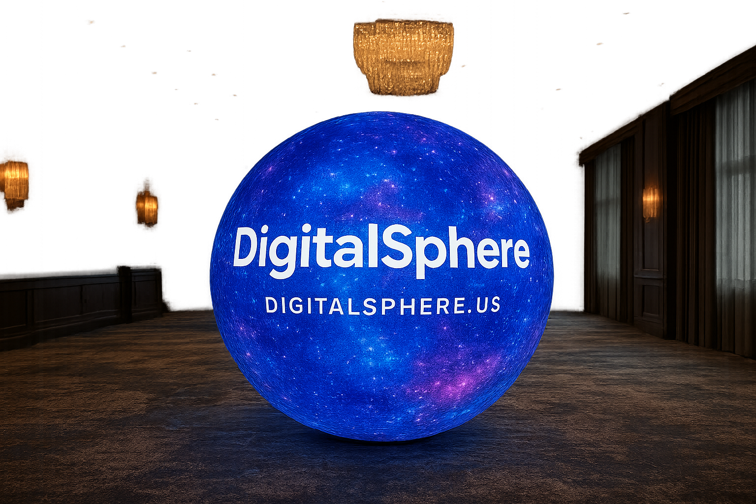 Digital sphere rental display in a premium event space with DigitalSphere.us branding