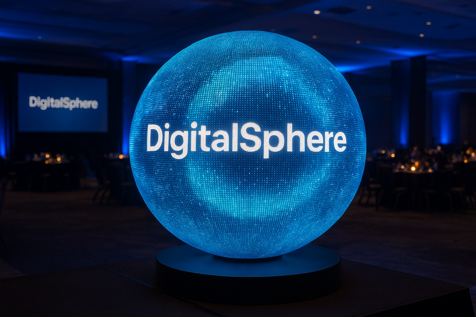 Photorealistic digital LED sphere at a premium corporate event with DigitalSphere.us branding
