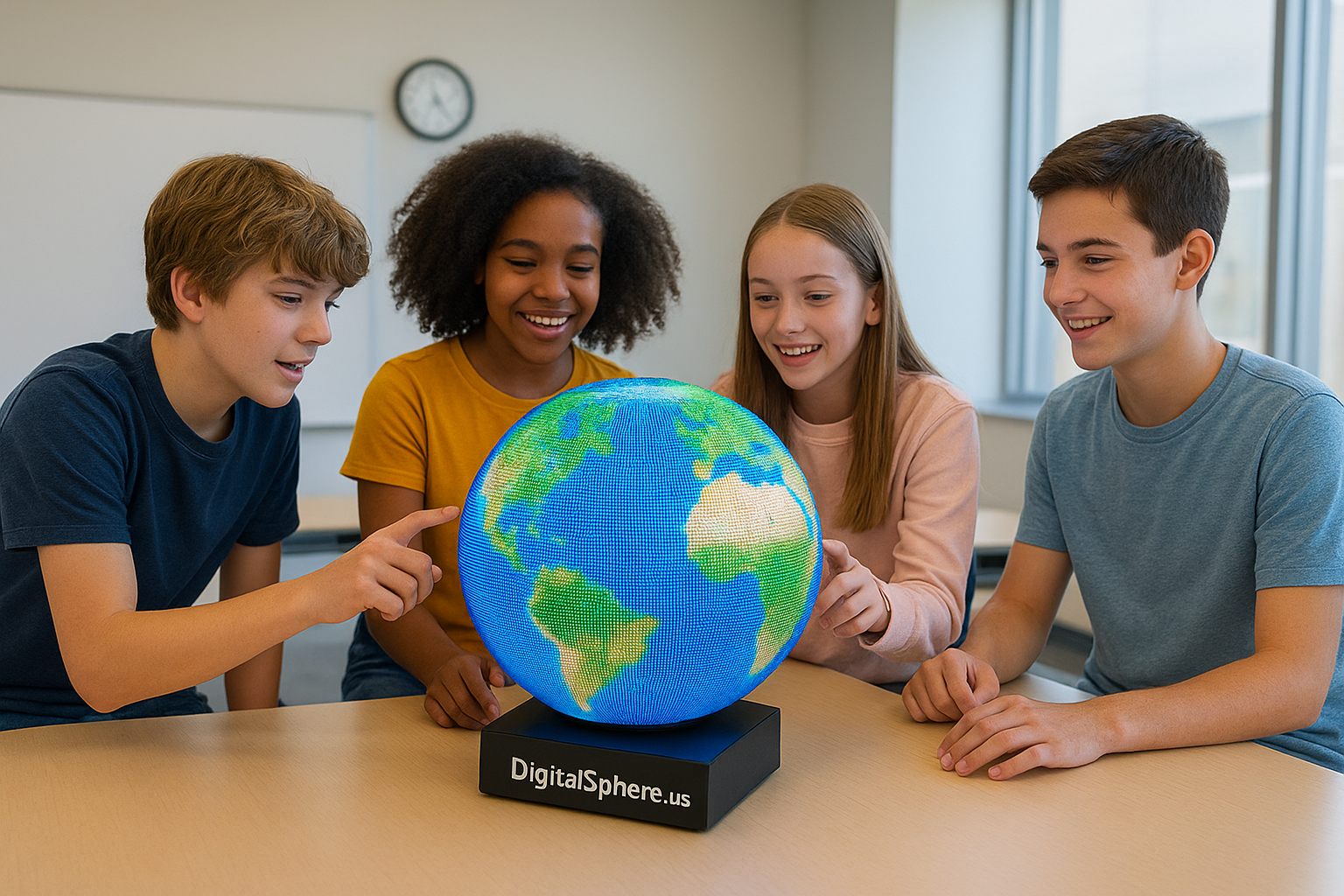 Students interacting with a DigitalSphere.us educational LED sphere display in a modern classroom
