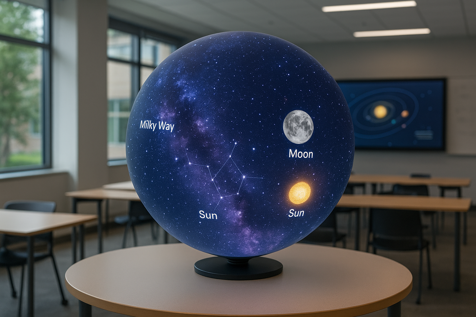 Digital sphere display showing astronomy educational content in a modern educational environment