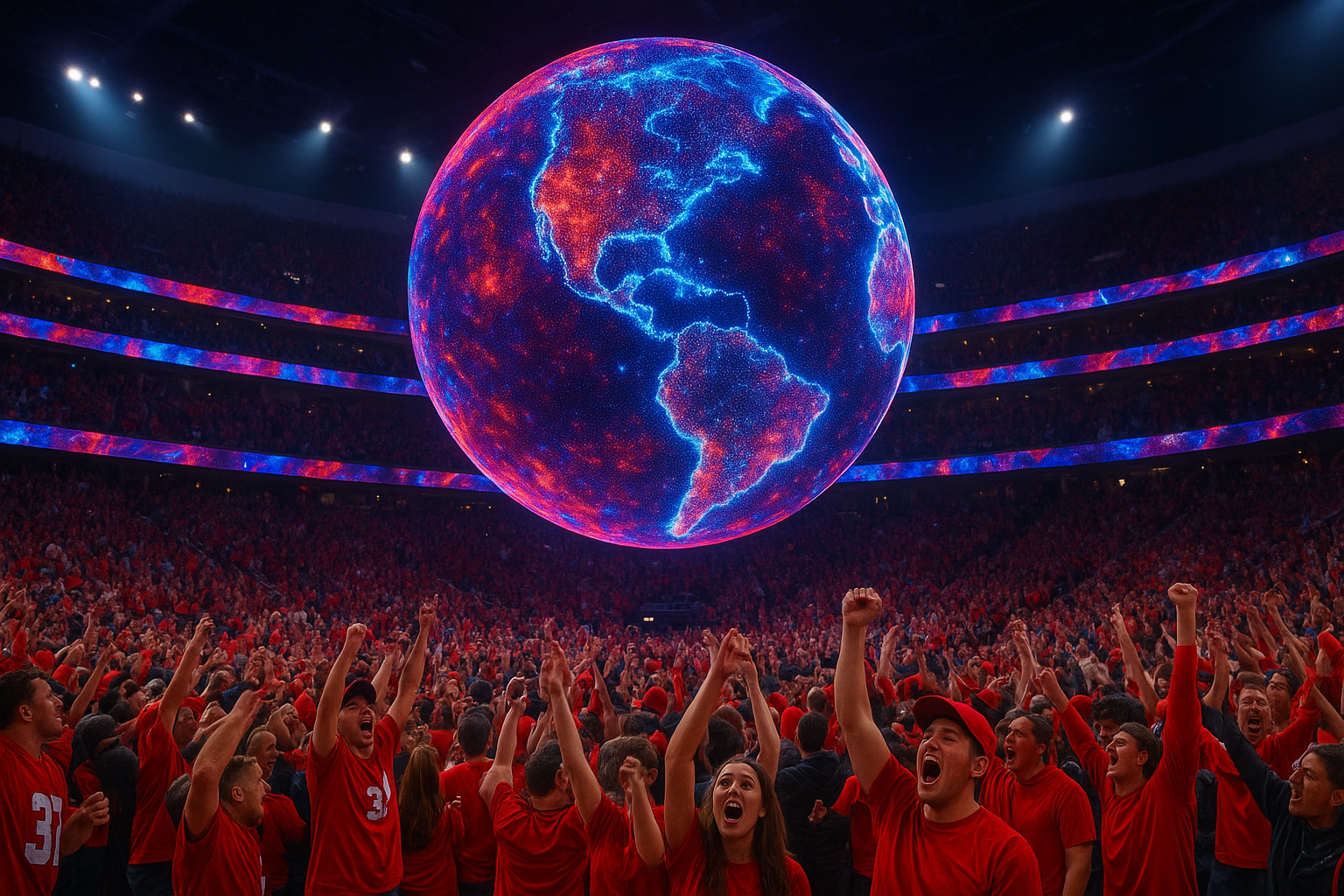 Digital sphere on display at a major sporting event with fans engaged and vivid LED visuals