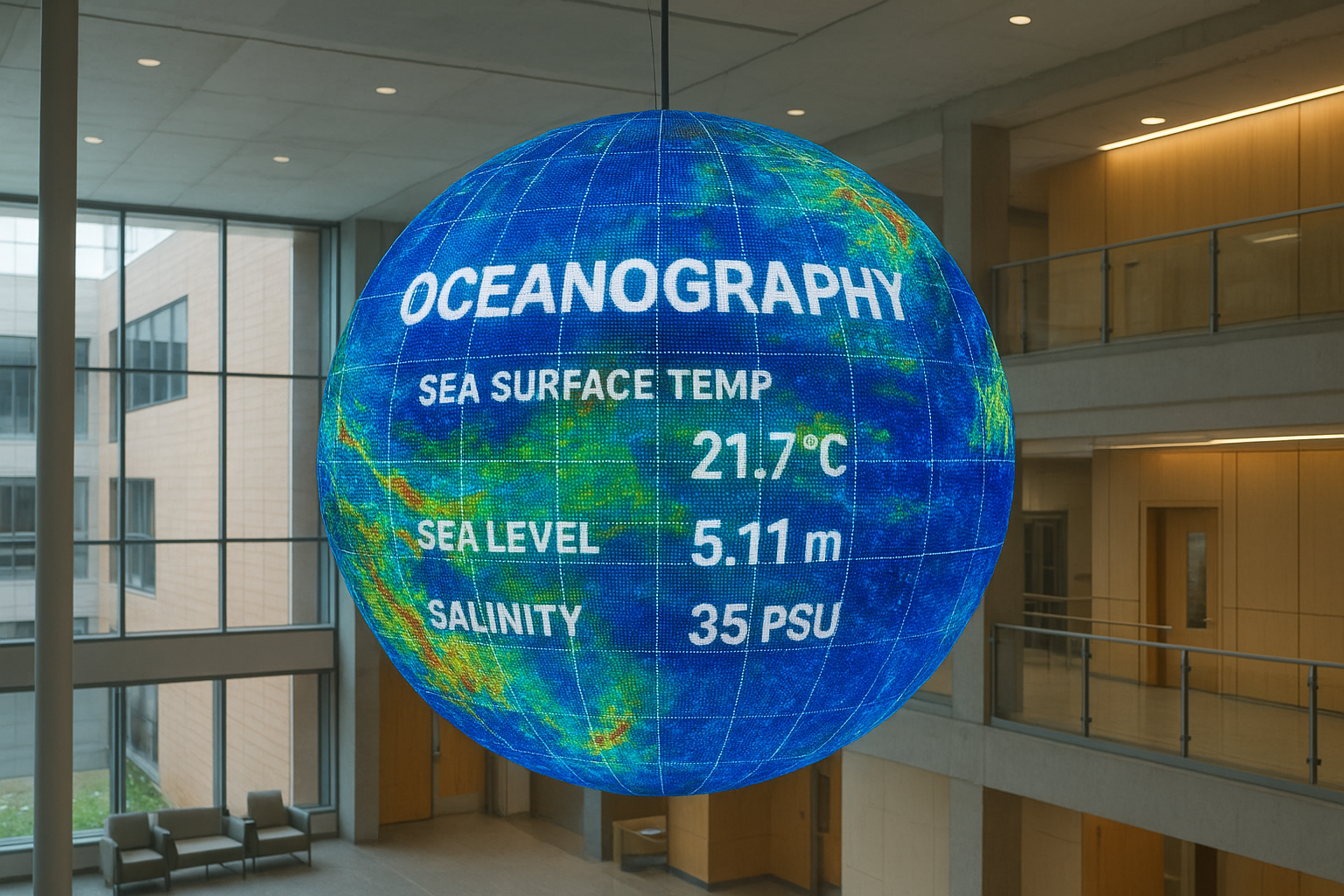 Photorealistic LED digital sphere displaying oceanography data in a modern university