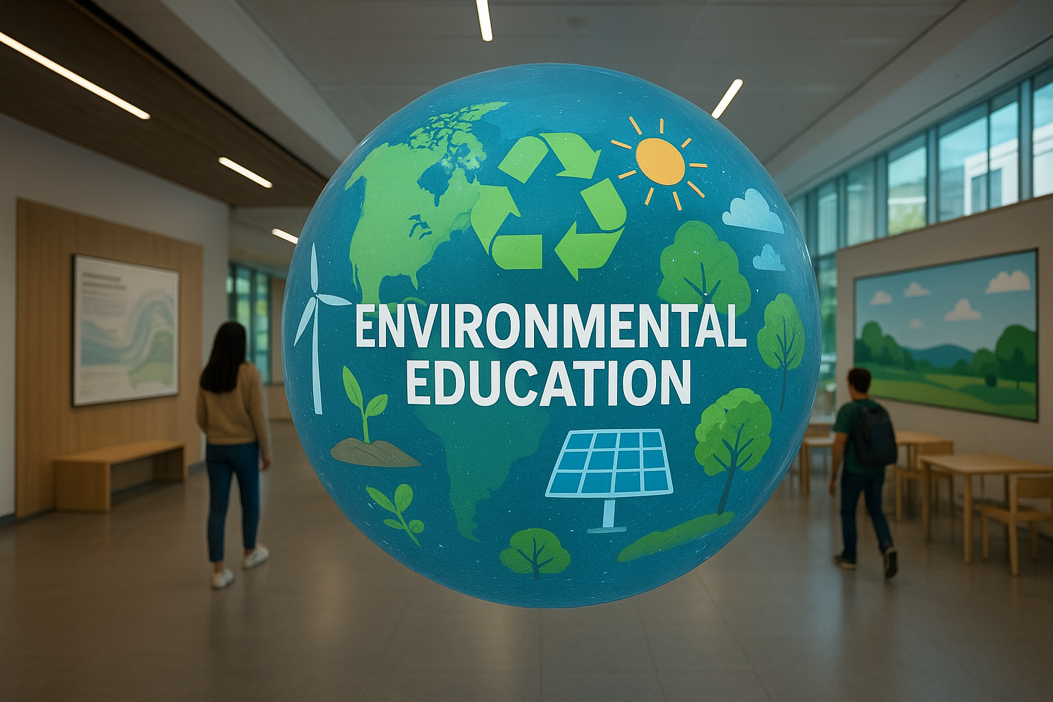Digital sphere with environmental education visuals in a modern educational center