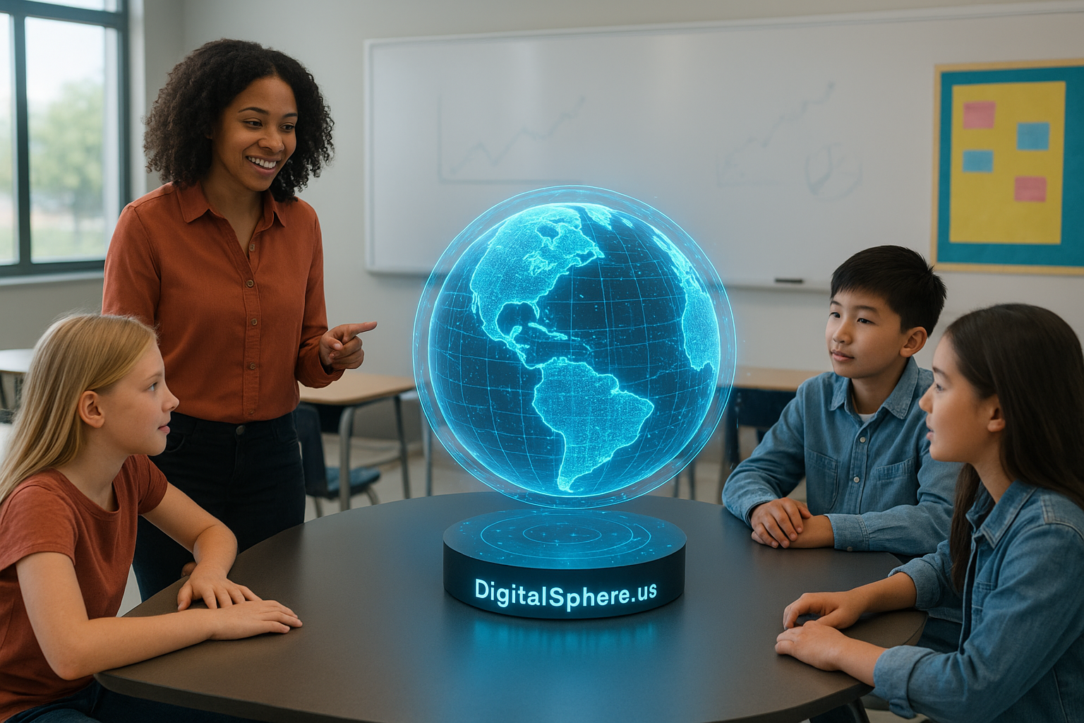 Digital sphere display engaging students in a modern classroom setting by DigitalSphere.us