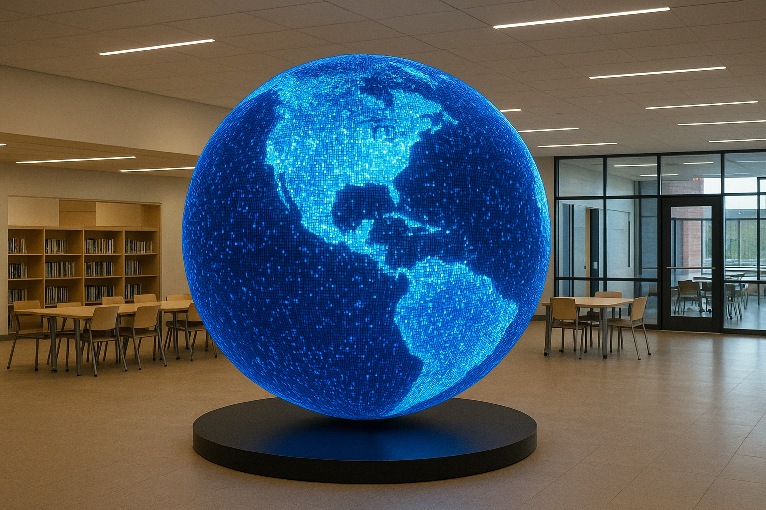 Photorealistic installation of a digital sphere in a modern educational environment by DigitalSphere.us.