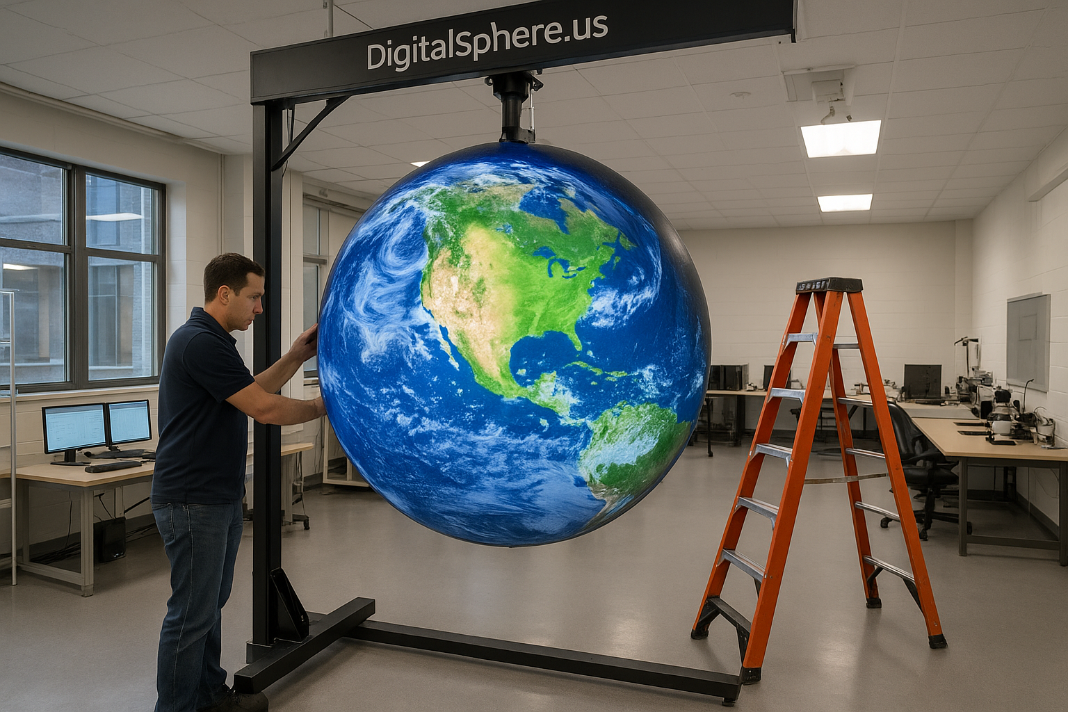 Commercial installation of a digital sphere display at a university research lab by DigitalSphere.us