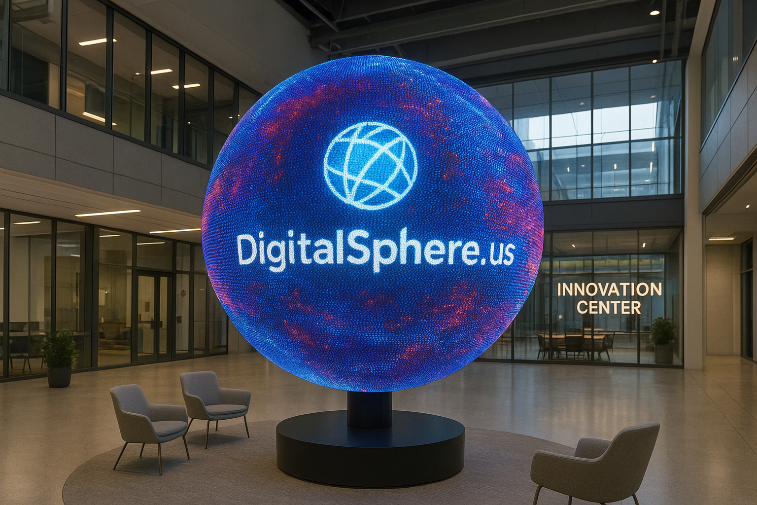Photorealistic LED digital sphere display in a modern campus innovation center with DigitalSphere.us branding.