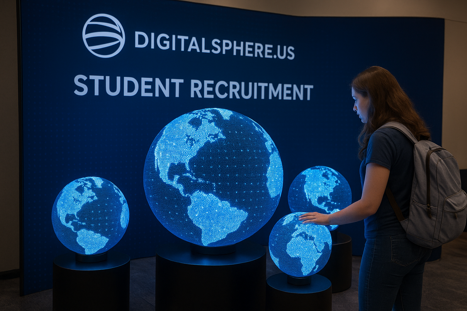 Digital sphere installation at a student recruitment event featuring interactive LED globes and branding from DigitalSphere.us