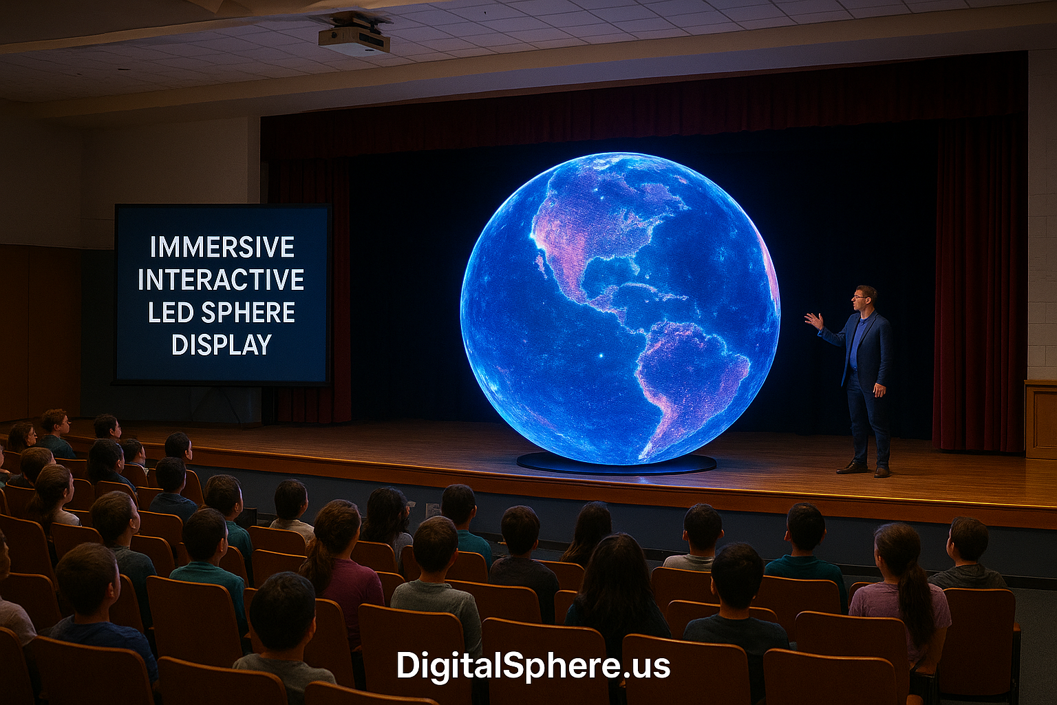 Digital Sphere Rentals for School Events - Immersive Interactive LED Sphere Display in School Auditorium by DigitalSphere.us