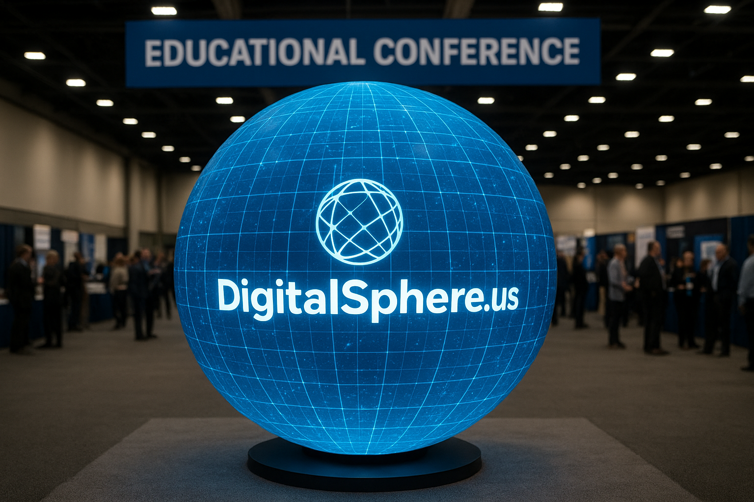 A highly detailed digital sphere installation at an educational conference with DigitalSphere.us branding