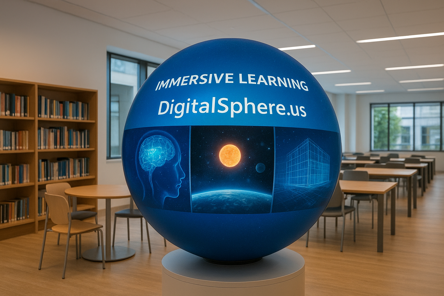 A photorealistic digital sphere installed in a modern educational space, showcasing immersive learning content with DigitalSphere.us branding.