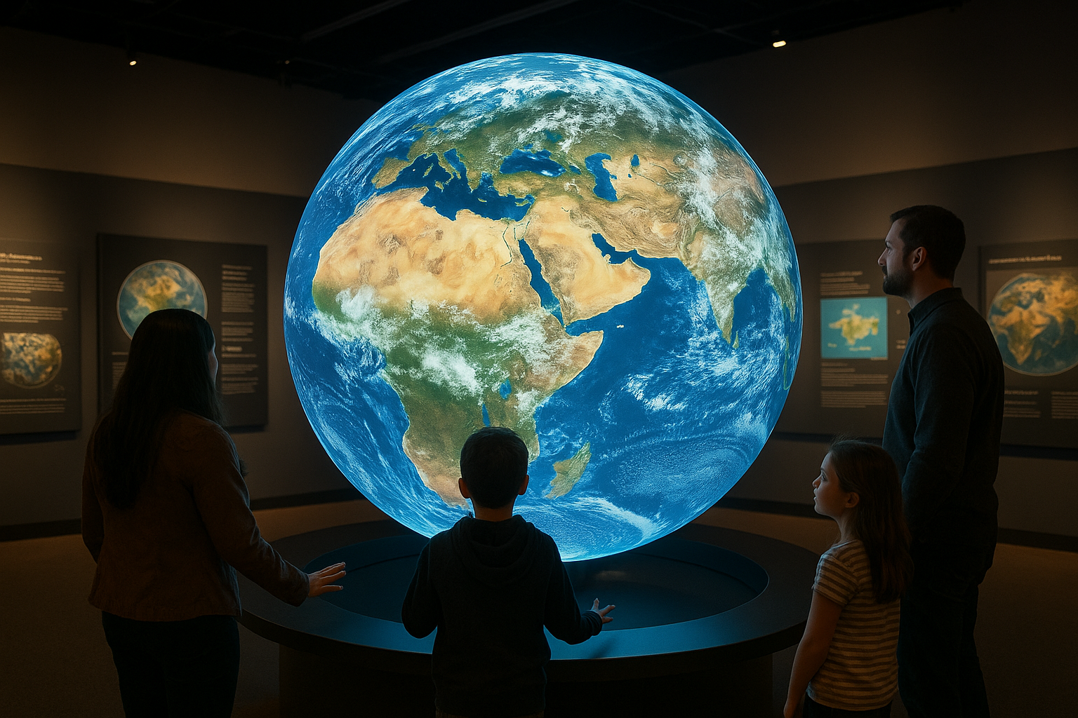 Digital Sphere displaying Earth visualizations in a museum, engaging visitors with immersive technology.