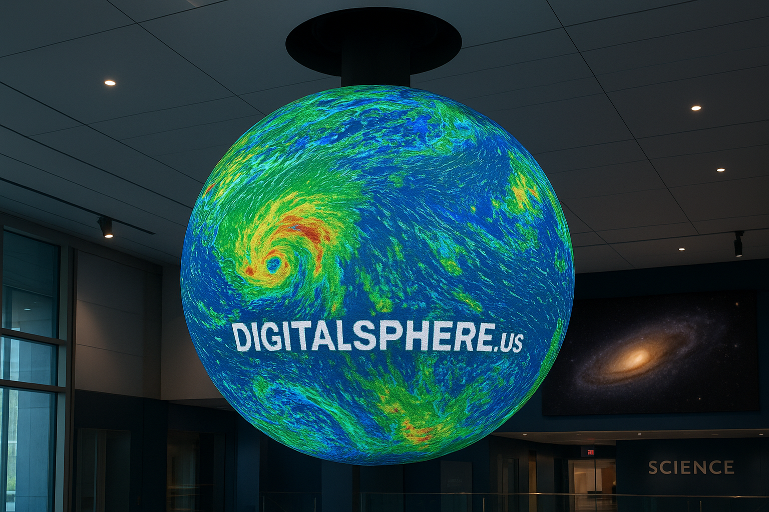 Commercial installation of a digital LED sphere displaying dynamic weather visualization in a premium science center, branded with DigitalSphere.us.