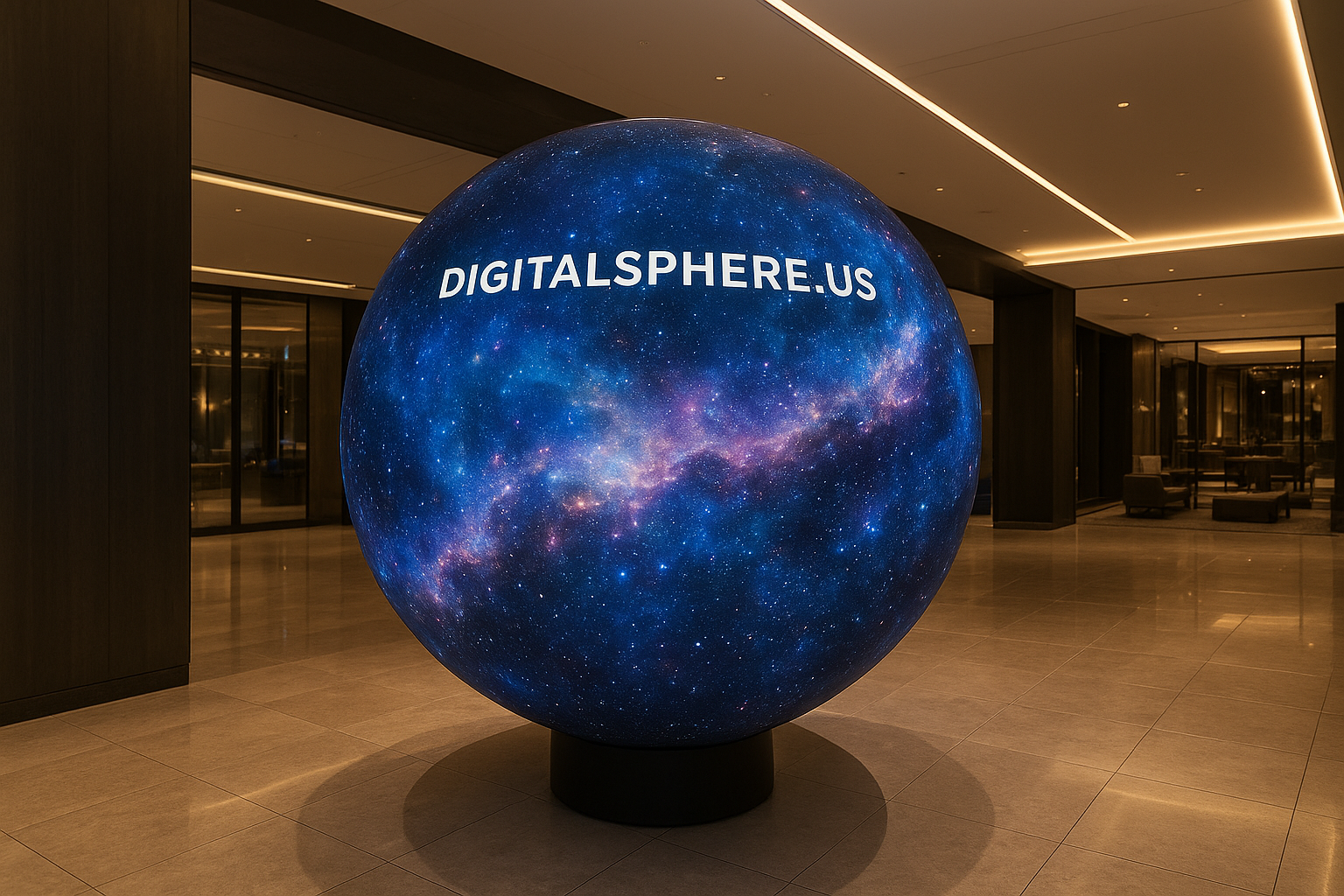 Large digital sphere display with dynamic space imagery in a premium commercial environment, branded DigitalSphere.us
