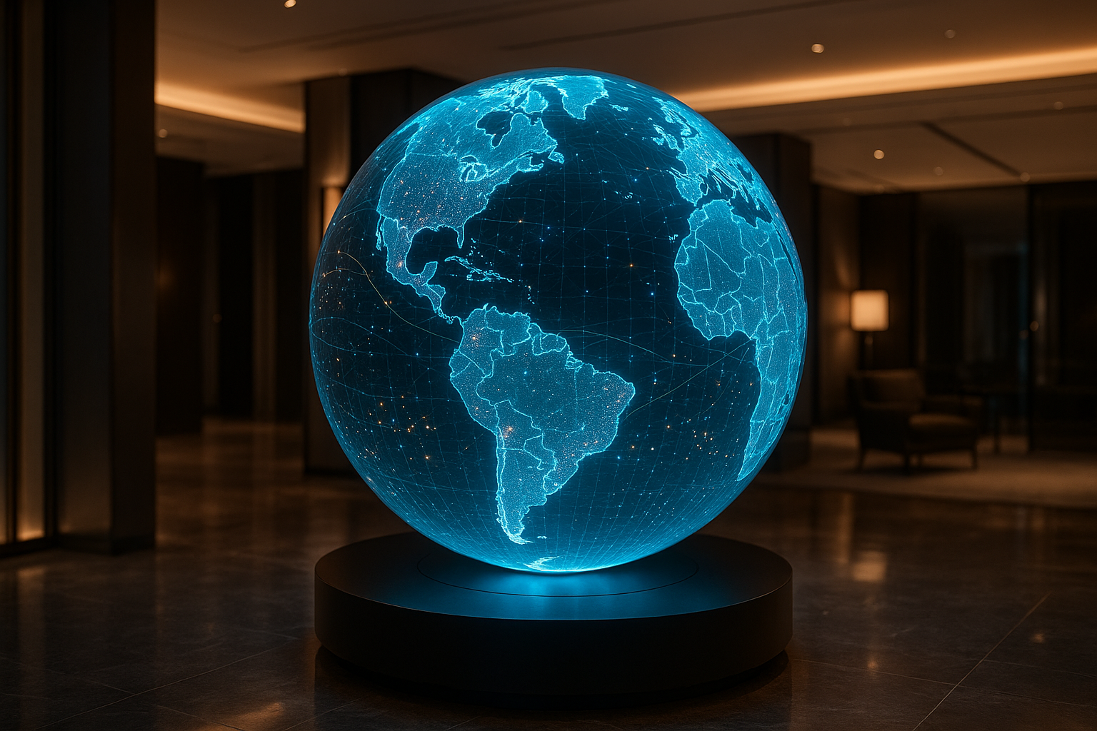 Digital sphere display showing interactive geographic data visualization in a premium environment