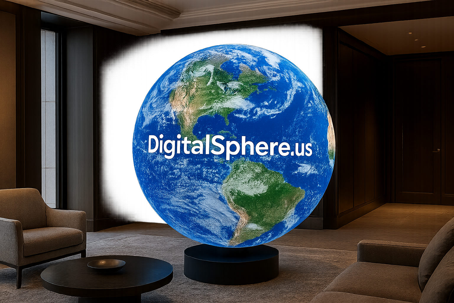 Commercial LED digital sphere displaying satellite imagery in a premium interior with DigitalSphere.us branding
