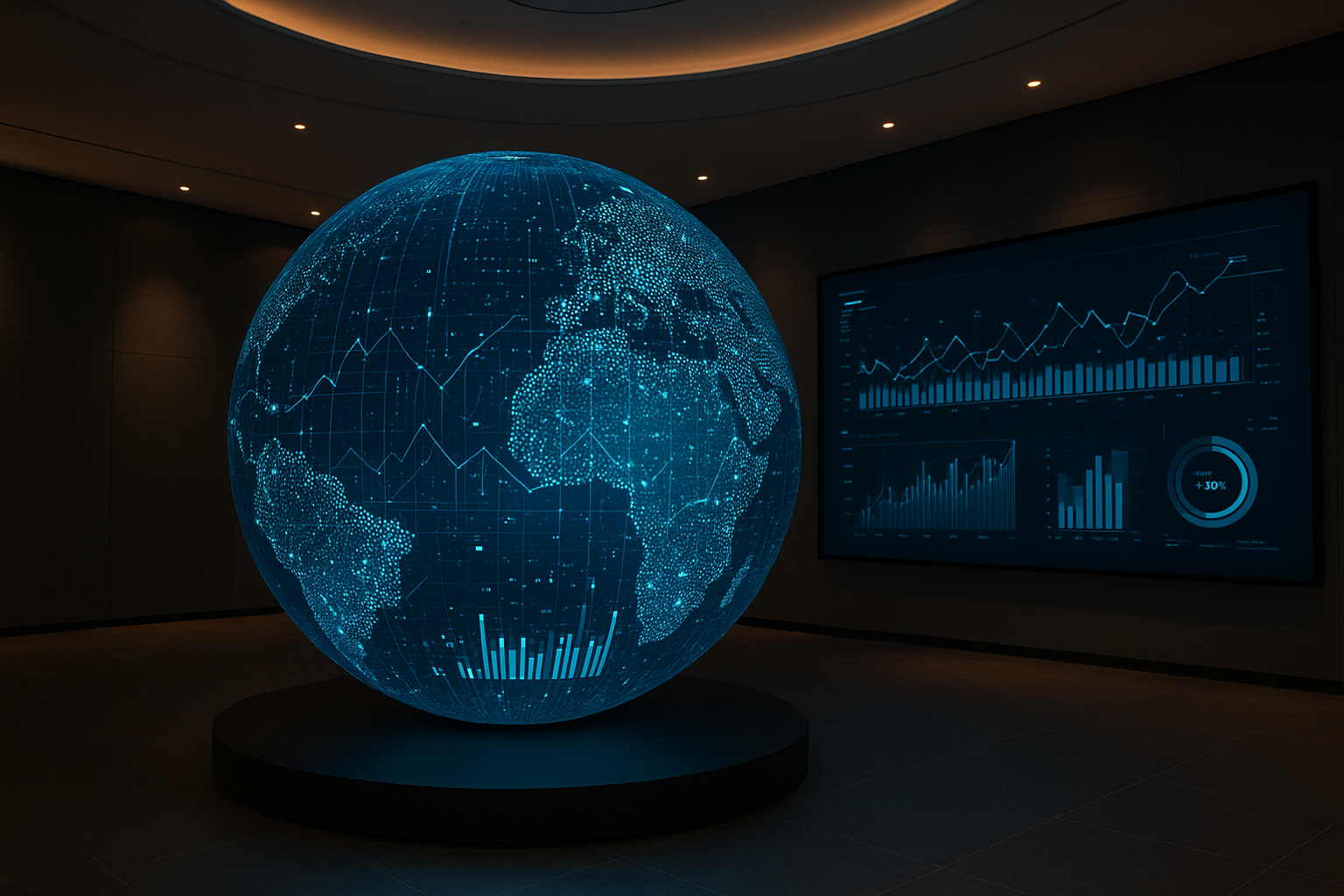 Digital sphere display showcasing immersive data storytelling installation in a premium environment