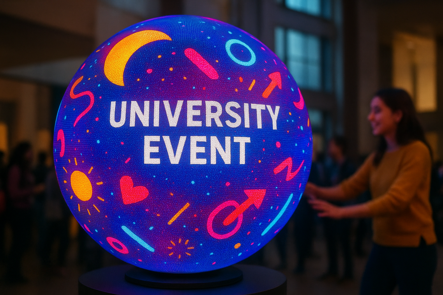 A digital LED sphere displayed at a university event with vibrant interactive content