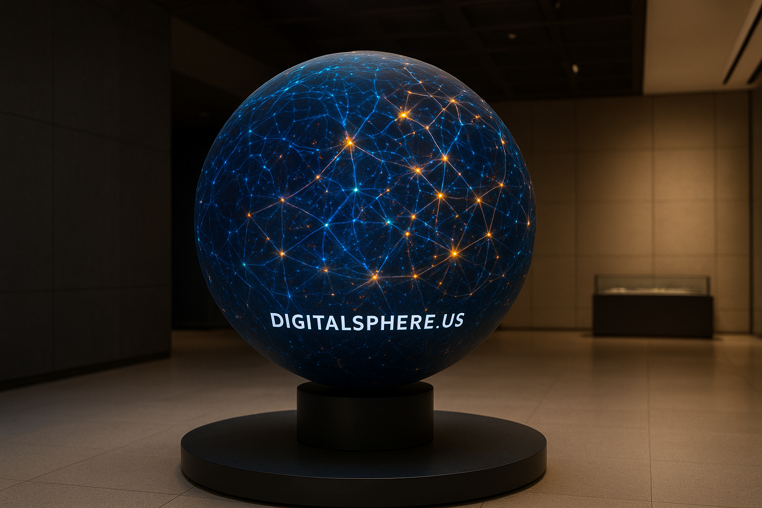 Photorealistic digital sphere display showing scientific visualization with DigitalSphere.us branding in a premium exhibition environment